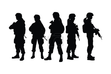 Illustration for Female infantry with tactical gear standing in different position silhouette set vector. Girl soldiers with anonymous faces. Women army with weapon silhouette collection. Soldier girl silhouette. - Royalty Free Image