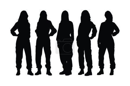 Female mechanics and workers standing in different position silhouette set vectors. Girl mechanics with anonymous faces. Workers wearing uniforms silhouette collection. Mechanic girl silhouette.