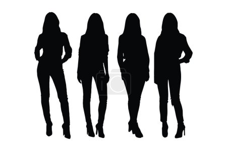 Modelos femeninos y actores de pie en vectores de conjunto de siluetas de diferentes posiciones. Modelos chicas con rostros anónimos. Actores con uniformes colección de siluetas. Silueta de niña diseñadora de moda.