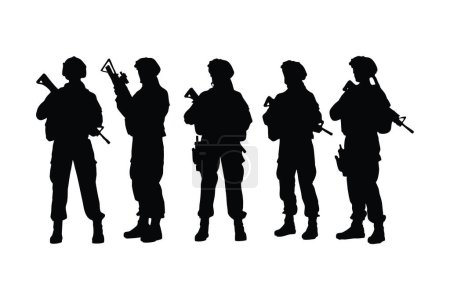 Illustration for Female soldiers standing in different positions silhouette set vector. Modern elite forces with anonymous faces silhouette. Women armed with assault rifles. Soldiers silhouette on white background. - Royalty Free Image