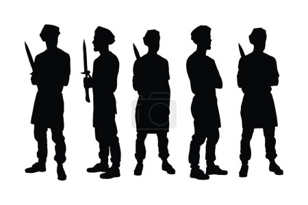 Male butcher standing in different position silhouette set vector. Modern butcher with anonymous faces silhouette. Male fighters with swords. Pirate silhouette on white background.