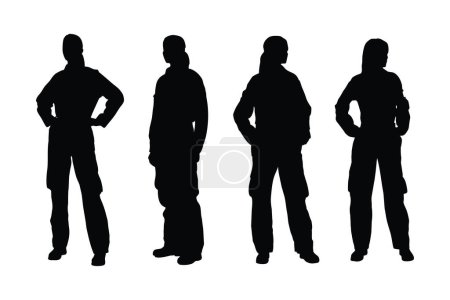 Bomberos femeninos que usan uniformes silueta conjunto vector. Bomberos modernos con rostros anónimos sobre un fondo blanco. Mujeres unidades de emergencia de pie en diferentes posiciones silueta de recogida.
