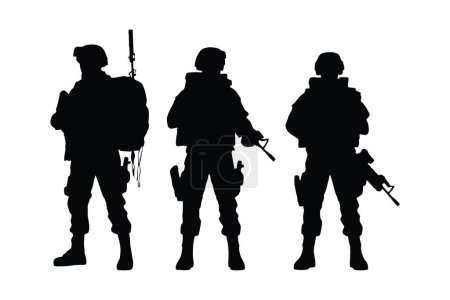Fuerzas especiales militares con equipo táctico y vector conjunto de silueta de arma. Infantería moderna con rifles de asalto sobre fondo blanco. Soldados del ejército en formación de batalla con rostros anónimos.
