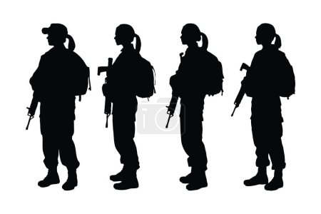 Téléchargez les illustrations : Collection silhouette forces spéciales féminines. Silhouette de soldat femelle réglée vecteur sur un fond blanc. Unité d'infanterie de filles portant des uniformes et tenant des fusils d'assaut. Femmes de l'armée avec des visages anonymes - en licence libre de droit