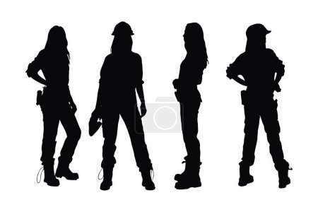 Carpenter women with anonymous faces. Female carpenter wearing uniforms silhouette bundle. Girl construction worker silhouette collection. Female carpenter silhouette set vector on a white background.