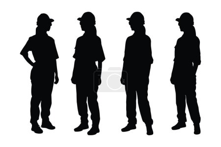 Ingenieurinnen mit anonymen Gesichtern. Ingenieurin in Uniform Silhouette Bündel. Mädchen Bauarbeiter Silhouette Sammlung. Weibliche Arbeitersilhouette setzt Vektor auf weißem Hintergrund.