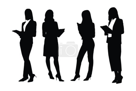 Weibliche Berater tragen Anzüge Silhouette Bündel. Mädchen Anwalt Modell stehen Silhouette Sammlung. Weibliche Berater Silhouette gesetzt Vektor auf weißem Hintergrund. Anwältinnen mit anonymen Gesichtern.