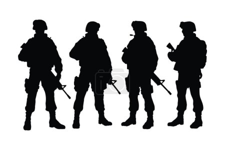 Male armies silhouette on a white background. Army special units silhouette collection. Special forces wearing uniforms and with assault rifles silhouette bundles. Men infantry with anonymous faces.