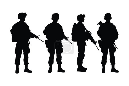 Male armies silhouette on a white background. Army special units silhouette collection. Male soldiers wearing uniforms and with assault rifles silhouette bundles. Men infantry with anonymous faces.
