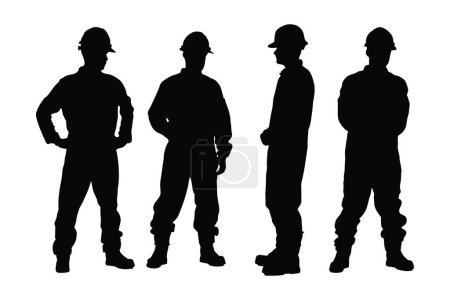 Illustration for Construction workers wearing uniforms and standing silhouette bundles. Men bricklayers with anonymous faces. Male Mason silhouette on a white background. Male bricklayer silhouette collection. - Royalty Free Image