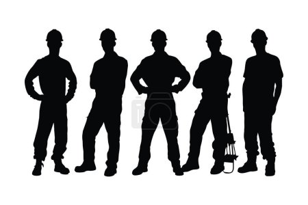 Illustration for Male bricklayer silhouette collection. Construction workers wearing uniforms and standing with equipment. Men bricklayers with anonymous faces. Male Mason silhouette on a white background. - Royalty Free Image