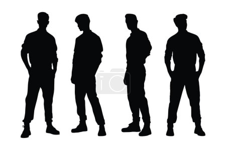 Männliches Modell Silhouette auf weißem Hintergrund. Models in stylischen Kleidern und stehenden Silhouettenbündeln. Männer mit anonymen Gesichtern. Männliche Modell und Mode Schauspieler Silhouette Kollektion.
