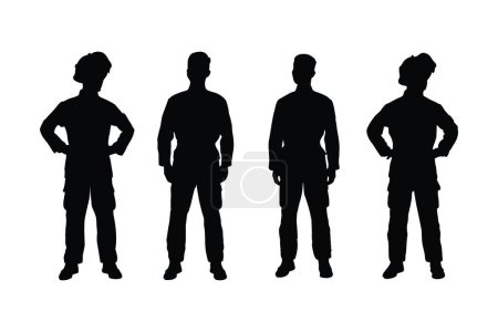 Illustration for Male fireman silhouette on a white background. Firefighter Boys silhouette collection. Male firemen and emergency workers with anonymous faces. Men firefighters wearing uniforms and standing. - Royalty Free Image