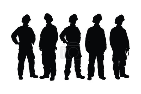 Hombres bomberos vistiendo uniformes y de pie. Silueta masculina de bombero sobre fondo blanco. Colección de siluetas Firefighter Boys. Bomberos masculinos y trabajadores de emergencia con rostros anónimos.