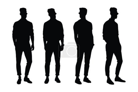 Männliches Modell Silhouette auf weißem Hintergrund. Schauspieler in stylischen Kleidern und stehenden Silhouettenbündeln. Männliche Models und Schauspieler mit anonymen Gesichtern. Mode Modell Jungen Silhouette Kollektion.