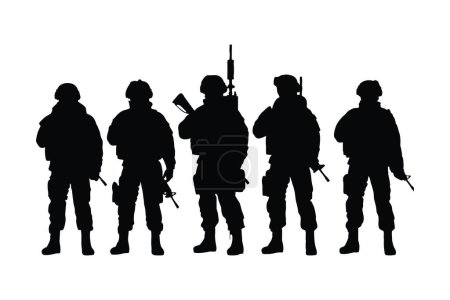 Soldier silhouette on a white background. Special army force wearing uniforms. Soldiers standing with assault rifles silhouette. Male armies with anonymous faces. Boy infantry silhouette collection.
