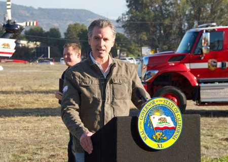 Photo for Napa, CA - Nov 17, 2022: Governor Gavin Newsom speaking at a Press Conference to highlight wildfire investments and seasonal conditions in California - Royalty Free Image