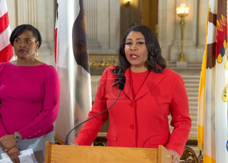 Photo for San Francisco, CA - Jan 25, 2023: Mayor London Breed speaking at a Press Conference at City Hall announcing the new Bay Area Abortion Rights Coalition (BAARC) - Royalty Free Image