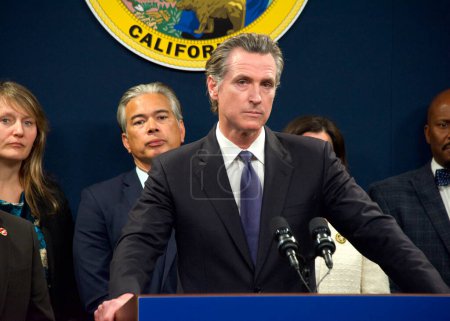 Photo for Sacramento, CA - Feb 1, 2023:  Governor Gavin Newsom speaking at a Gun Safety Legislation Press Conference. - Royalty Free Image