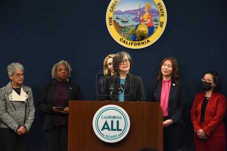 Photo for Sacramento, CA - March 14, 2023: Gloria Chen, Chief People Officer and Executive Vice President Employee Experiences speaking at the Californias Equal Pay Day Pledge Event. - Royalty Free Image