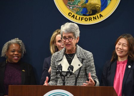 Photo for Sacramento, CA - March 14, 2023: Former California State Senator Hannah-Beth Jackson, speaking at the Californias Equal Pay Day Pledge Event. - Royalty Free Image