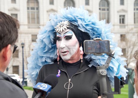 Photo for San Francisco, CA - April 8, 2023: Participants in the Drag Up Fight Back protest, gathering at Civic Center prior to marching to Union Square. - Royalty Free Image
