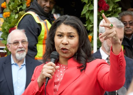 Photo for San Francisco, CA - Aug 2, 2023: Mayor London Breed, speaking at the 150th celebration of the First Cable Car Ride in the city. - Royalty Free Image