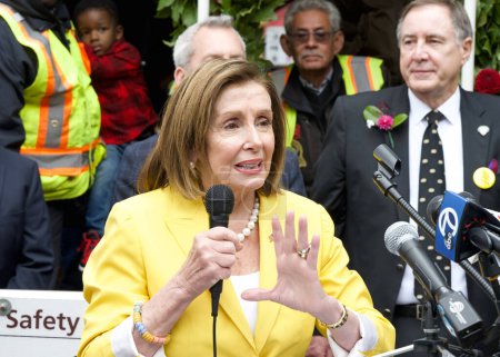 Photo for San Francisco, CA - Aug 2, 2023: Representative Nancy Pelosi, former speaker of the house, speaking at the 150th celebration of the First Cable Car Ride in the city. - Royalty Free Image