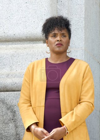 Photo for San Francisco, CA - Oct 16, 2023: Director Kimberly Ellis at a Press conference during a Domestic Violence Awareness Month Rally outside City Hall - Royalty Free Image