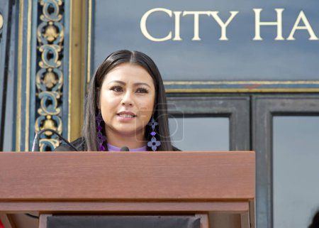 Photo for San Francisco, CA - Oct 16, 2023: Marlena Alva speaking at a Press conference during a Domestic Violence Awareness Month Rally outside City Hall - Royalty Free Image