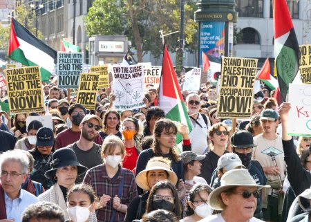Photo for San Francisco, CA - Nov 4, 2023: Thousands of people protesting the war in Palestine. Rally at Civic Center and Marching down Market Street - Royalty Free Image