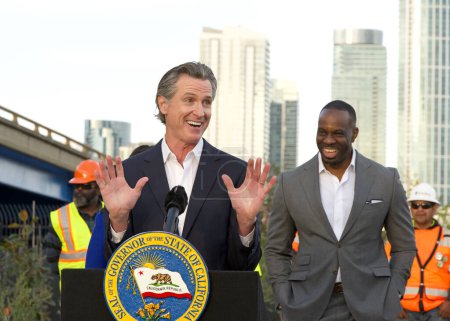 Photo for San Francisco, CA - Nov 9, 2023:  Governor Gavin Newsom speaking about the Clean California project. Caltrans has cleared more than 2 million cubic yards of litter from CA roadways - Royalty Free Image