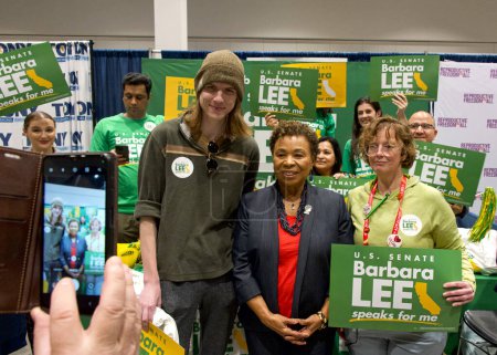 Photo for Sacramento, CA - Nov 17, 2023: Congress woman Barbara Lee taking photos with supporters in the exhibit room at the California Democratic Endorsing Convention - Royalty Free Image