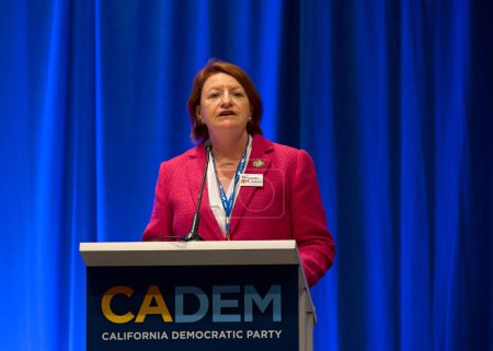 Photo for Sacramento, CA - Nov 17, 2023: Senate ProTem Toni Atkins speaking at the Women's Caucus meeting at the CADEM Endorsing Convention in the Sacramento Convention Center. - Royalty Free Image