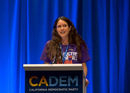 Photo for Sacramento, CA - Nov 17, 2023: Shannon Olivieri Hovis speaking at the Women's Caucus meeting at the CADEM Endorsing Convention in the Sacramento Convention Center. - Royalty Free Image