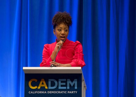 Photo for Sacramento, CA - Nov 17, 2023: State Controller Malia Cohen speaking at the Women's Caucus meeting at the CADEM Endorsing Convention in the Sacramento Convention Center. - Royalty Free Image