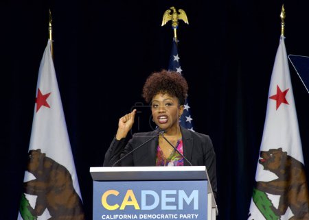 Photo for Sacramento, CA - Nov 18, 2023: Malia Cohen speaking at the CADEM Endorsing Convention General Session Saturday morning. - Royalty Free Image