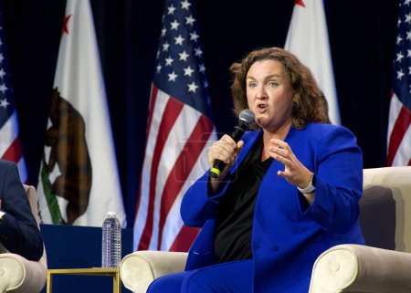 Photo for Sacramento, CA - Nov 18, 2023: Katie Porter speaking at the CADEM Endorsing Convention General Session Senate Candidate Interviews Saturday afternoon. - Royalty Free Image
