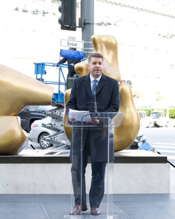 Photo for San Francisco, CA - Dec 15, 2023: Matthew Spivey, CEO of the San Francisco Symphony, speaking at the street dedication ceremony for Michael Tilson Thomas, music director laureate. - Royalty Free Image