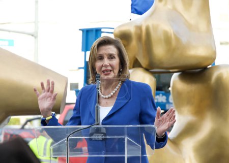 Photo for San Francisco, CA - Dec 15, 2023: Nancy Pelosi speaking at the street dedication ceremony for Michael Tilson Thomas, music director laureate. - Royalty Free Image