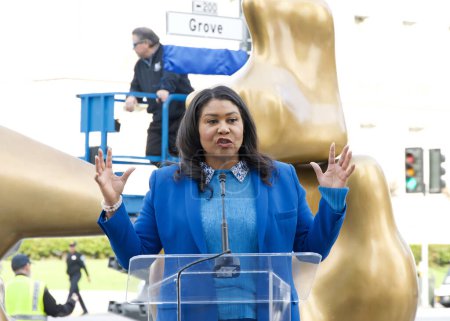 Photo for San Francisco, CA - Dec 15, 2023: Mayor London Breed speaking at the street dedication ceremony for Michael Tilson Thomas, music director laureate. - Royalty Free Image