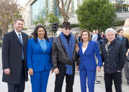 Photo for San Francisco, CA - Dec 15, 2023: Michael Spivey, London Breed and Nancy Pelosi with Michael Tilson Thomas and his partner at the streed dedication. - Royalty Free Image