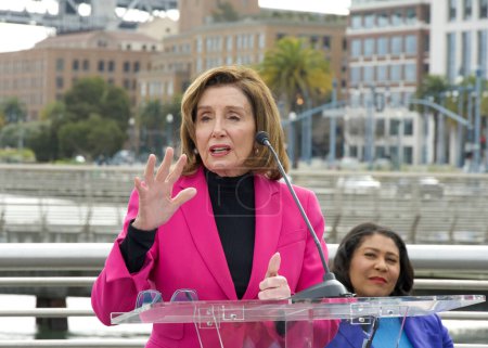Photo for San Francisco, CA - Jan 26, 2024: Congresswoman Emerita Nancy Pelosi speaking about the waterfront flood study and flood measures to address sea level rise along the citys waterfront. - Royalty Free Image