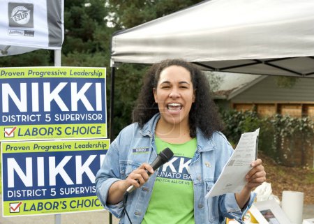 Photo for Oakland, CA - Jan 27, 2024:  Jahmese Myres, member of East Bay Action, speaking at the campaign kick off event for Nikki Fortunato Bas for District 5 Supervisor - Royalty Free Image