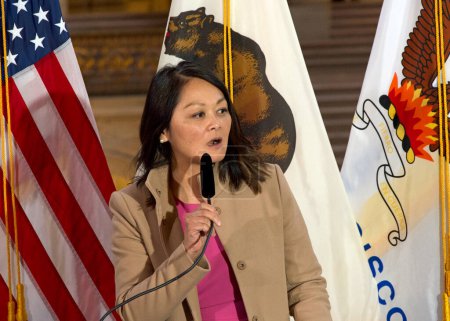 Photo for San Francisco, CA - Jan 31, 2024: City Administrator Carmen Chu, speaking at a Press Conf for the first anniversary of Bay Area Abortion Rights Coalition, BAARC - Royalty Free Image