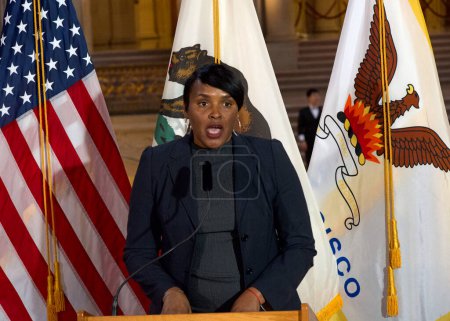 Photo for San Francisco, CA - Jan 31, 2024: Kimberly Ellis, Director of the Dept of the Status on women, speaking at a Press Conf for the first anniversary of Bay Area Abortion Rights Coalition, BAARC - Royalty Free Image
