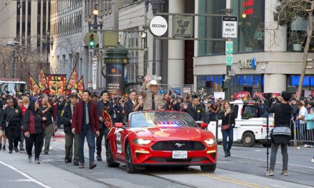 Photo for San Francisco, CA - Feb 24, 2024:Sherrif Paul Miyamoto participanting in the Chinese New Year Parade, one of the world's top 10 parades and the largest celebration of its kind outside Asia - Royalty Free Image