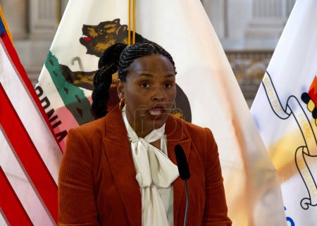 Photo for San Francisco, CA - March 19, 2024: Kimberly Ellis speaking at a Women's History Month Ceremony at City Hall. - Royalty Free Image