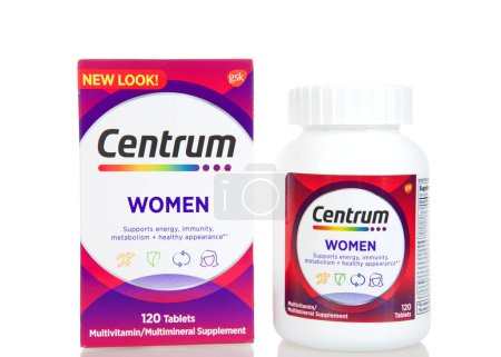 Photo for Alameda, CA - Jan 3, 2022: gsk Centrum brand Womens formulation MultiVitamins. Box with bottle, isolated on white. - Royalty Free Image