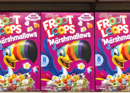 Photo for Alameda, CA - Feb 1, 2022: Grocery store shelf with Kellogg's brand Fruit Loops cereal with Marshmallows. Popular children's breakfast cereal. - Royalty Free Image